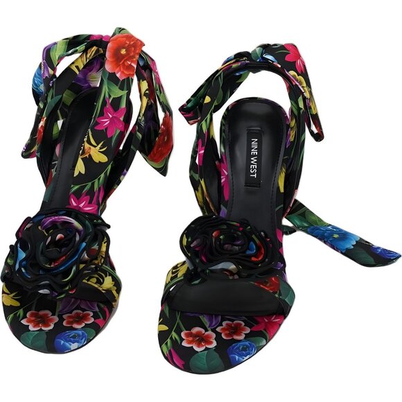 Nine West Krave Floral Heeled Sandals Black Multi Ankle Wrap 3D Rose US 6.5M - Picture 5 of 6